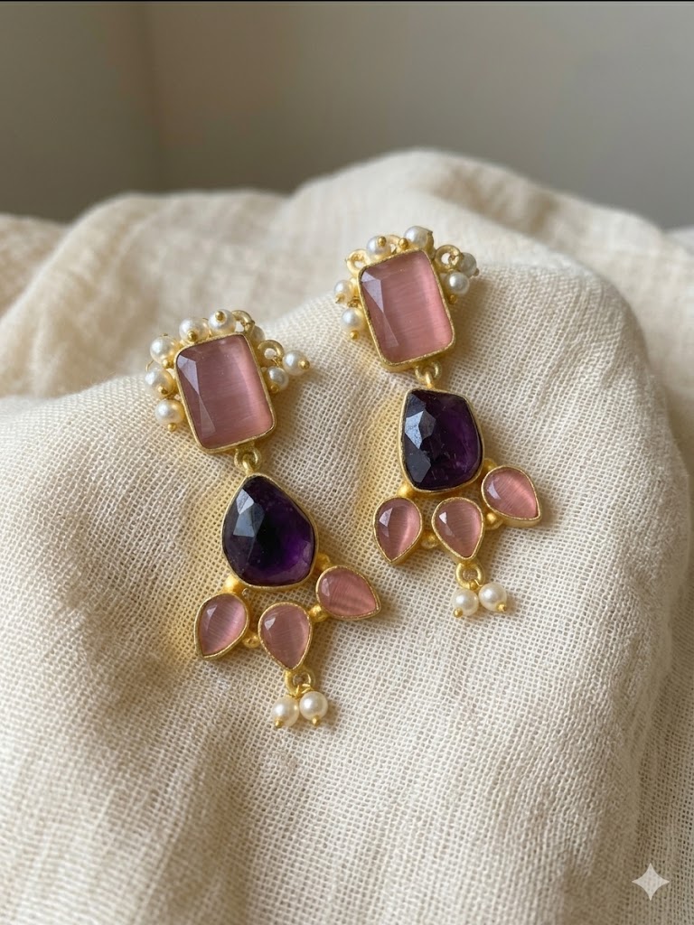 Rose Quartz w/Amethyst Stone Earrings