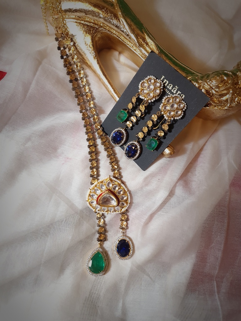 Polki Emerald&Sapphire Stone Pendant Necklace Set