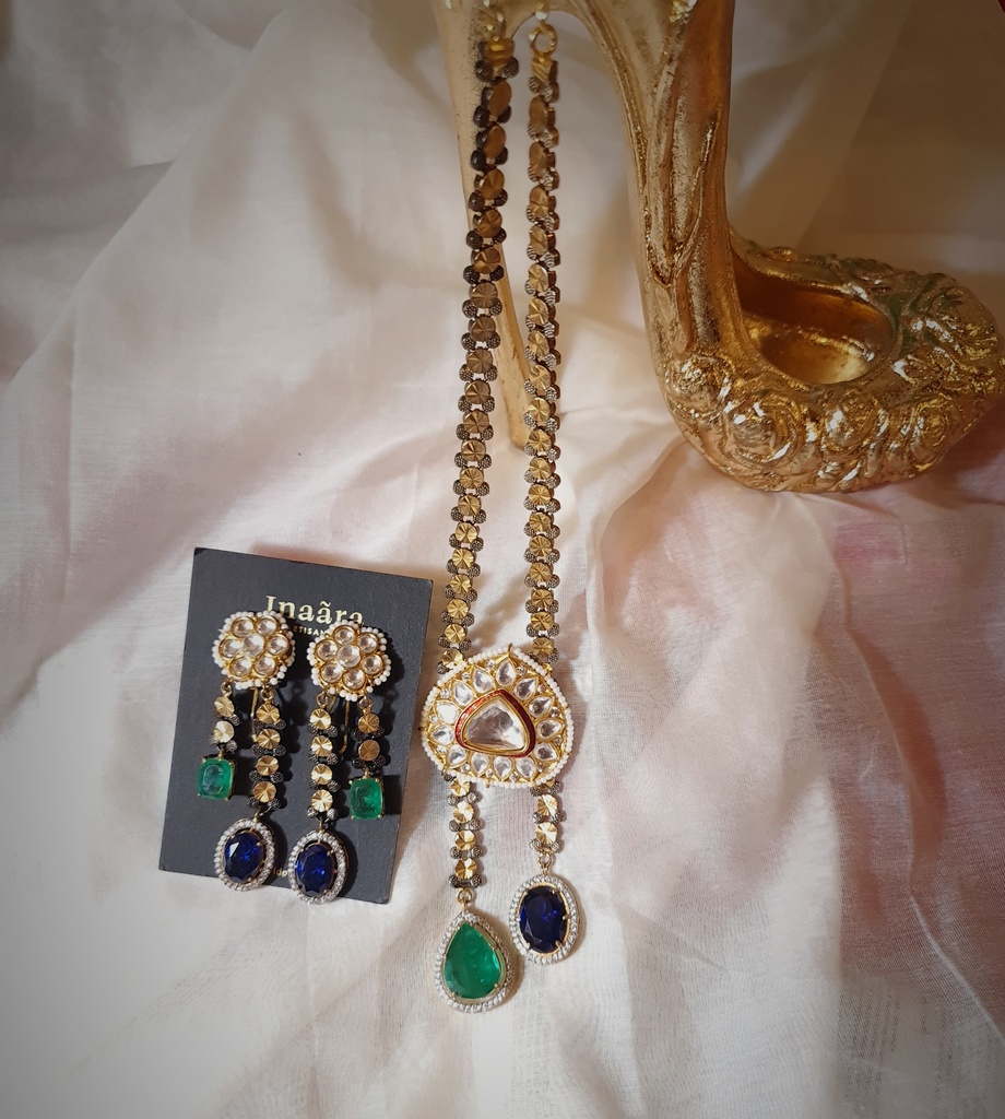 Polki Emerald&Sapphire Stone Pendant Necklace Set