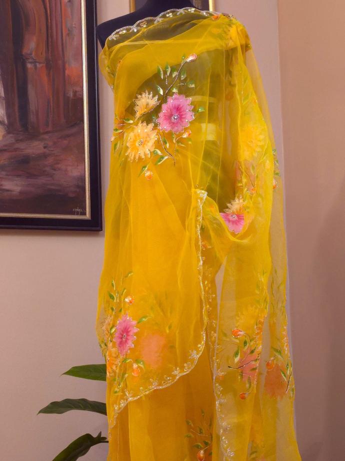 Exquisite Hand-Painted Organza Saree