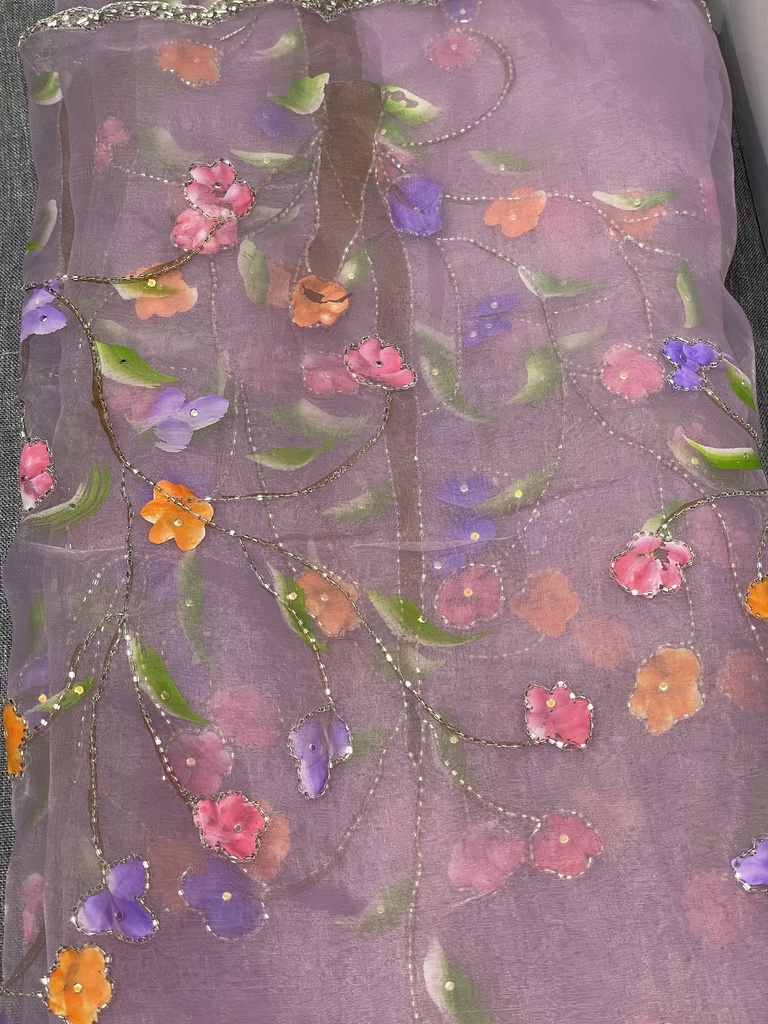 Artisanal Hand Painted Purple Organza Saree