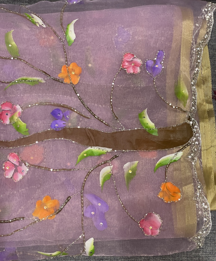 Artisanal Hand Painted Purple Organza Saree