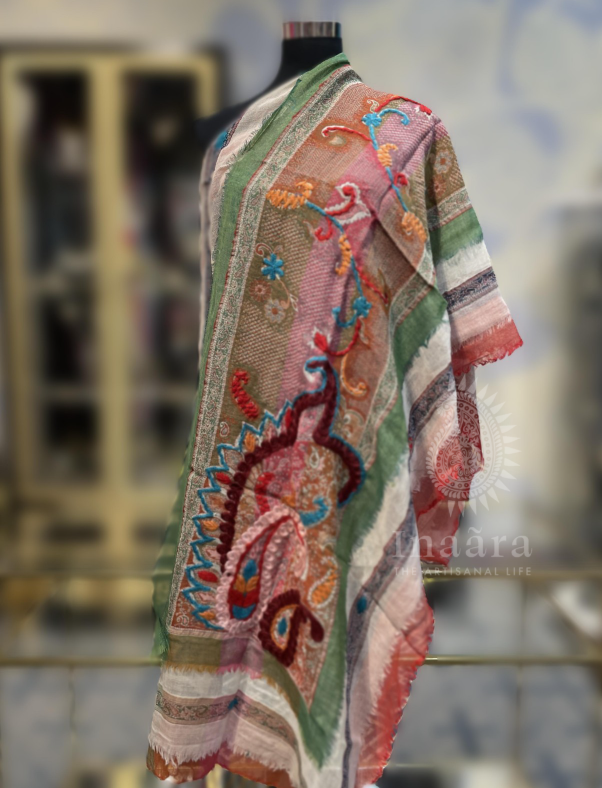 Boiled Wool Shawl-Green Pink