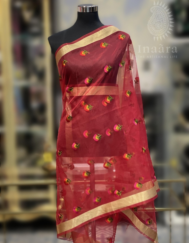 Organza Floral Embroidery Dupatta-Red