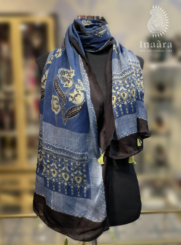 Ajrakh Modal Silk Scarf-Blue/Flower