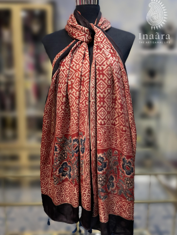 Ajrakh Modal Silk Scarf-Red
