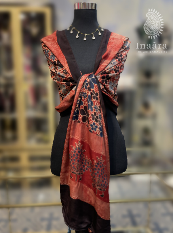 Ajrakh Modal Silk Scarf-Red/Floral