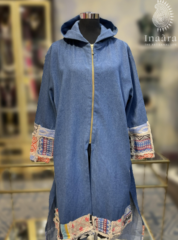 DenimHooded Jacket w/Artisanal Embroidery