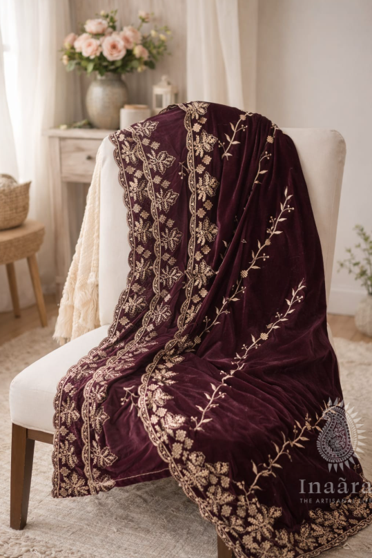 Embroidered Velvet Dupatta-Maroon