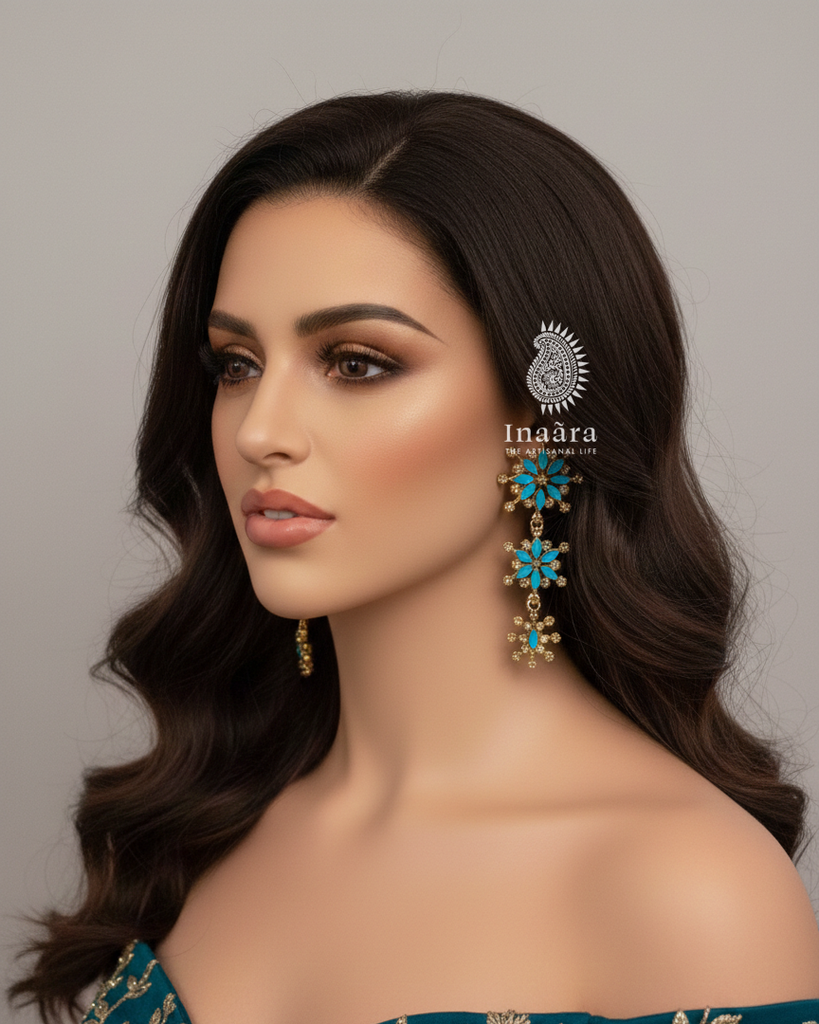 Floral Blue Motif Dangle Earring