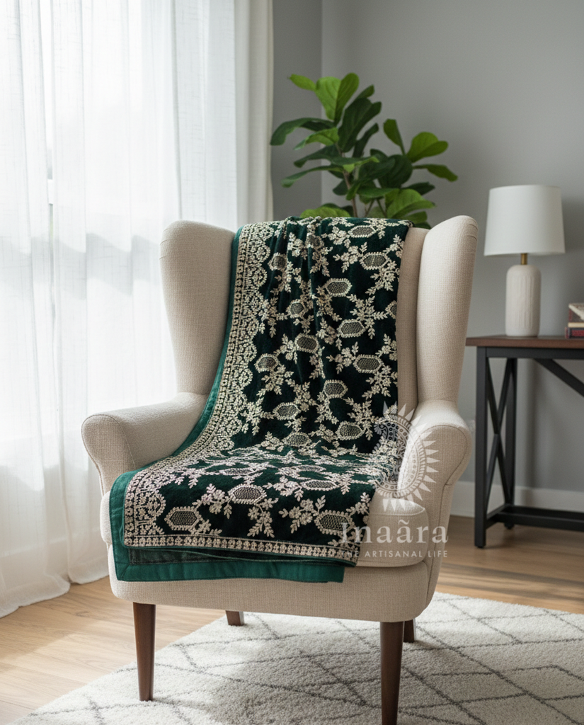 Embroidered Velvet Shawl-Hexa Green Floral