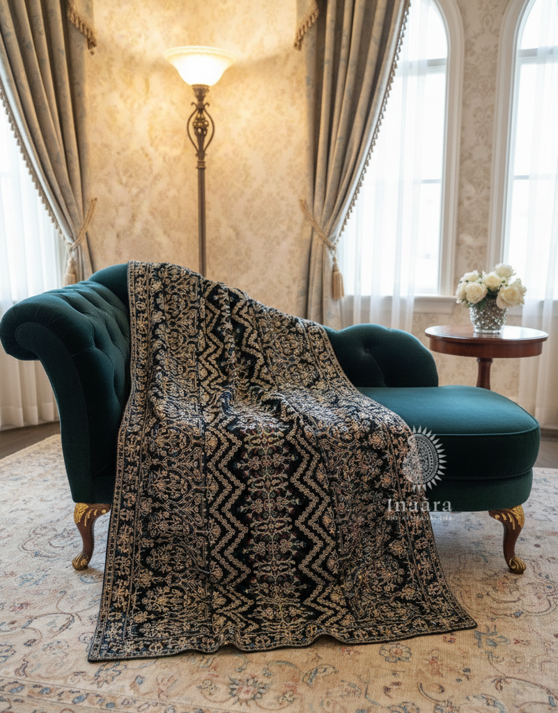 Embroidered Velvet Shawl-Zigzag/Black