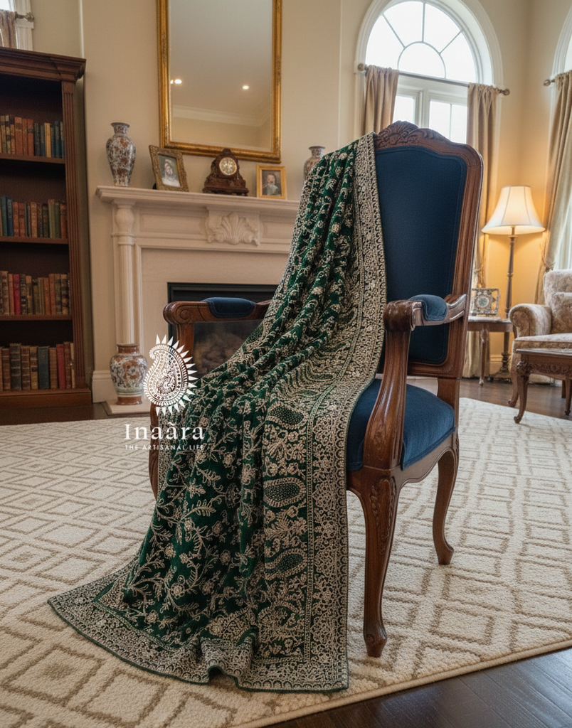 Embroidered Velvet Shawl- Green1/Paisley