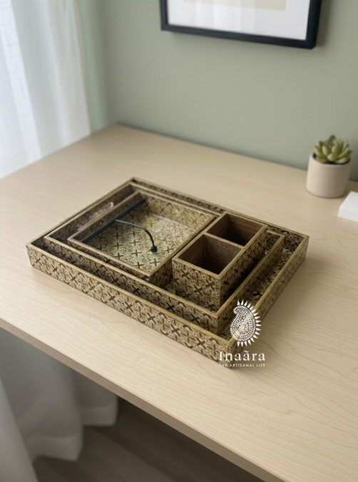 Raazi Wooden Geometric Printed Tray - Set 4Pcs
