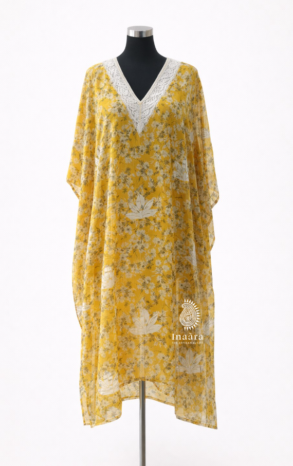 Short Kaftan White Embroidered-yellow