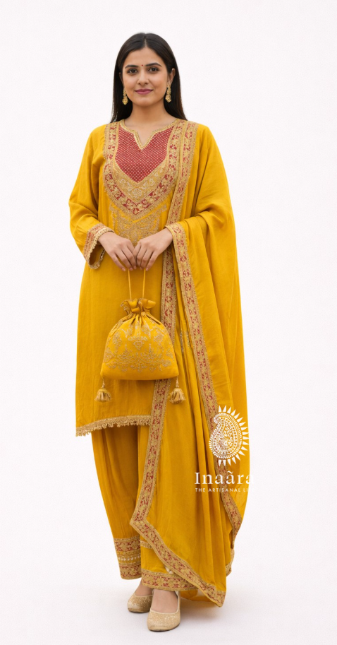 Mustard Kurta Set w/Potli Bag