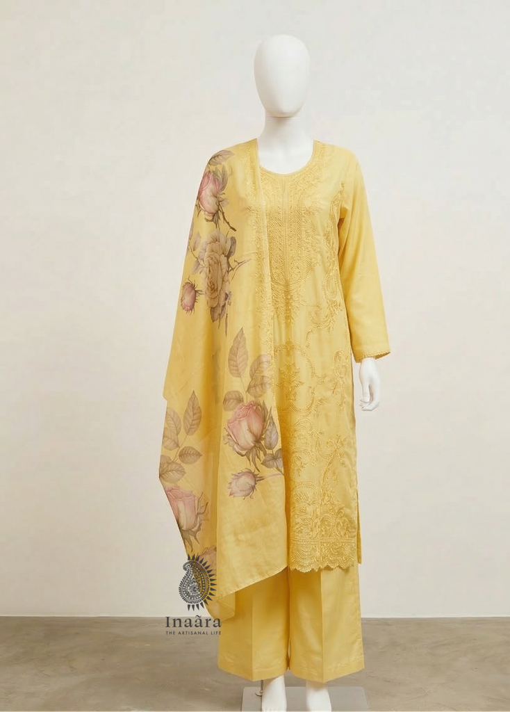 Kurta Set-Paisley Embroidered/Yellow