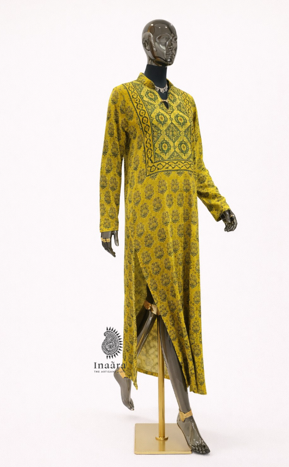 Ajrakh Velvet Long Kurta-Yellow