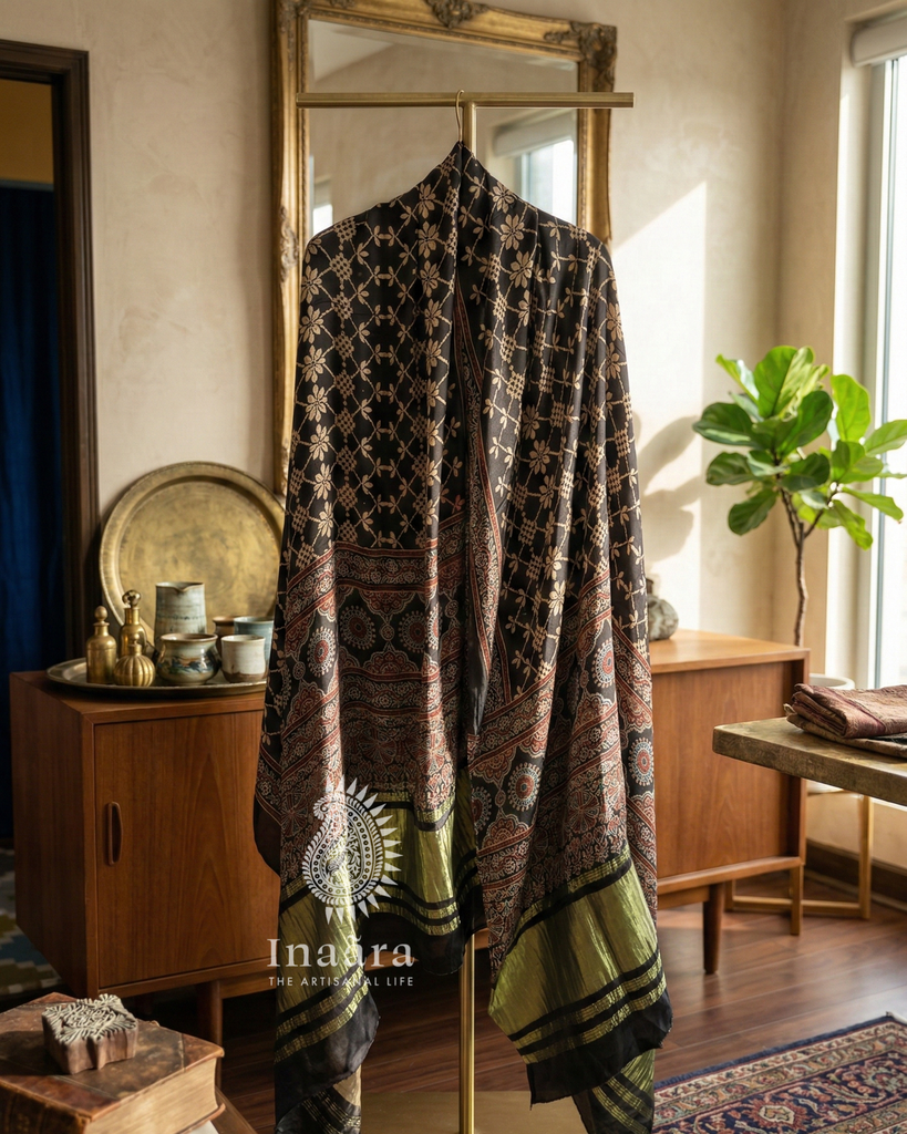 Modal Silk Ajrakh Dupatta-Black/Floral