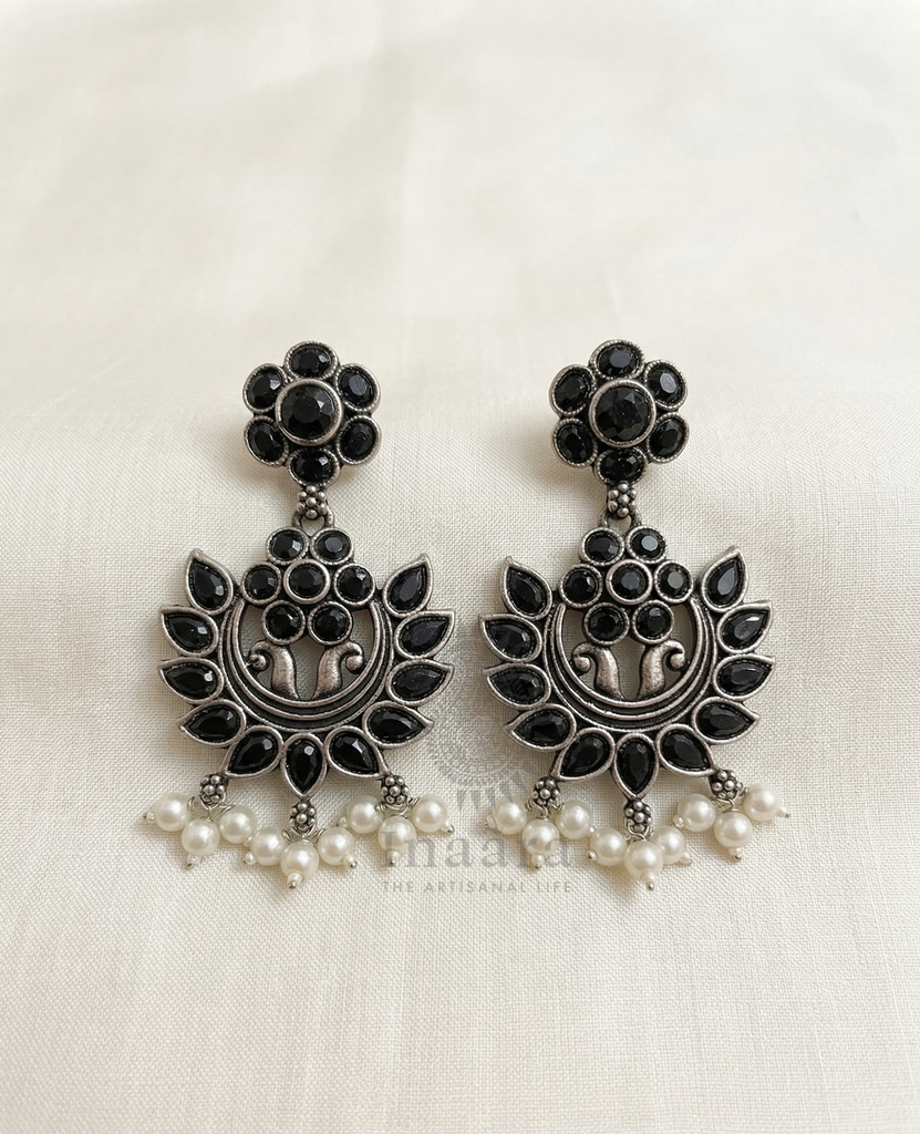 Black Stone Studded Silver-tone Earrings