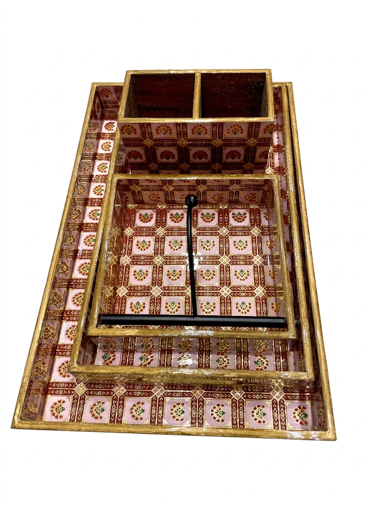 Raazi Wooden  Red Printed Tray-Set 4Pcs