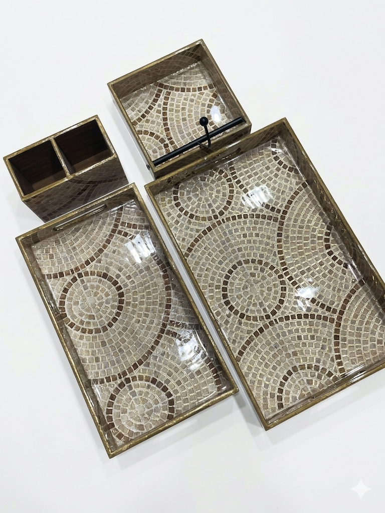 Raazi Wooden Gold Tone Printed Tray -4Pcs