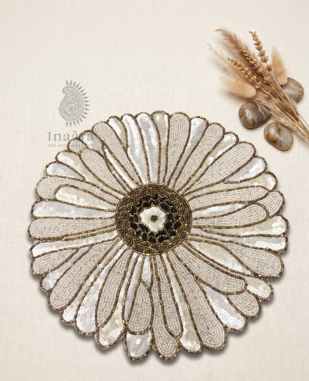 Flower Beaded Table Mat - White