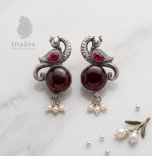 Silver-toned Peacock Motif Earrings-Red