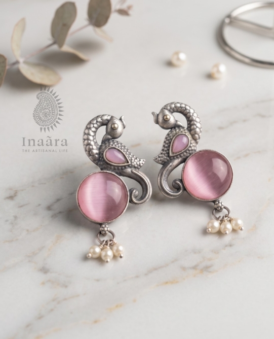 Silver-toned Peacock Motif Earrings- Pink