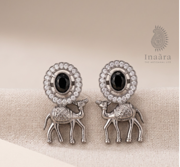 Camel Silver Toned Motif Earrings - Black