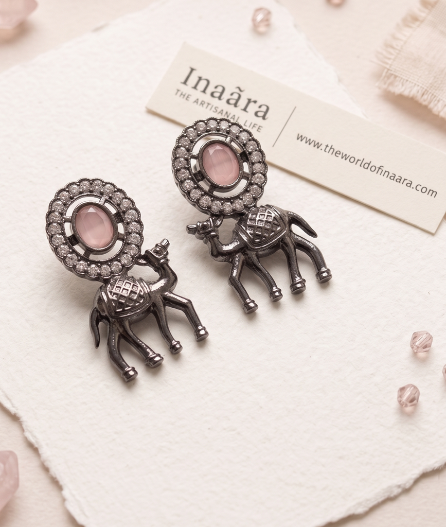 Camel Silver Toned Motif Earrings - Pink