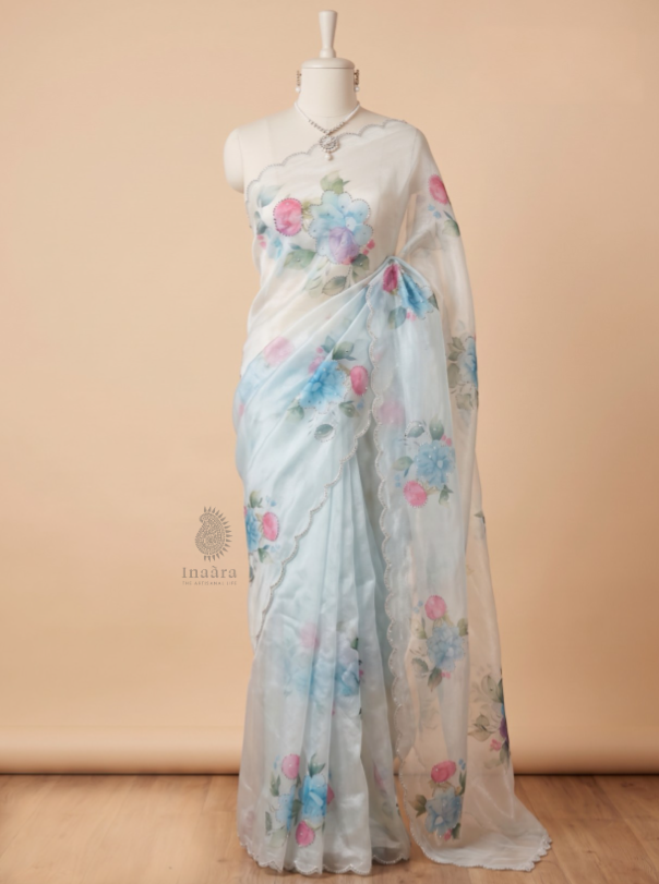Hand-Painted Embellished Organza Saree - Blue