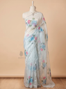 Hand-Painted Embellished Organza Saree - Blue