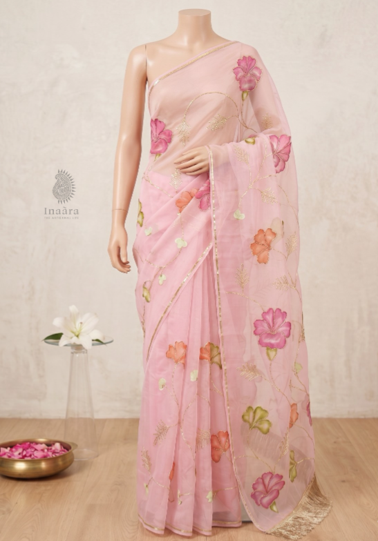 Gotta Patti Saree w/ Hand Painted - Pink