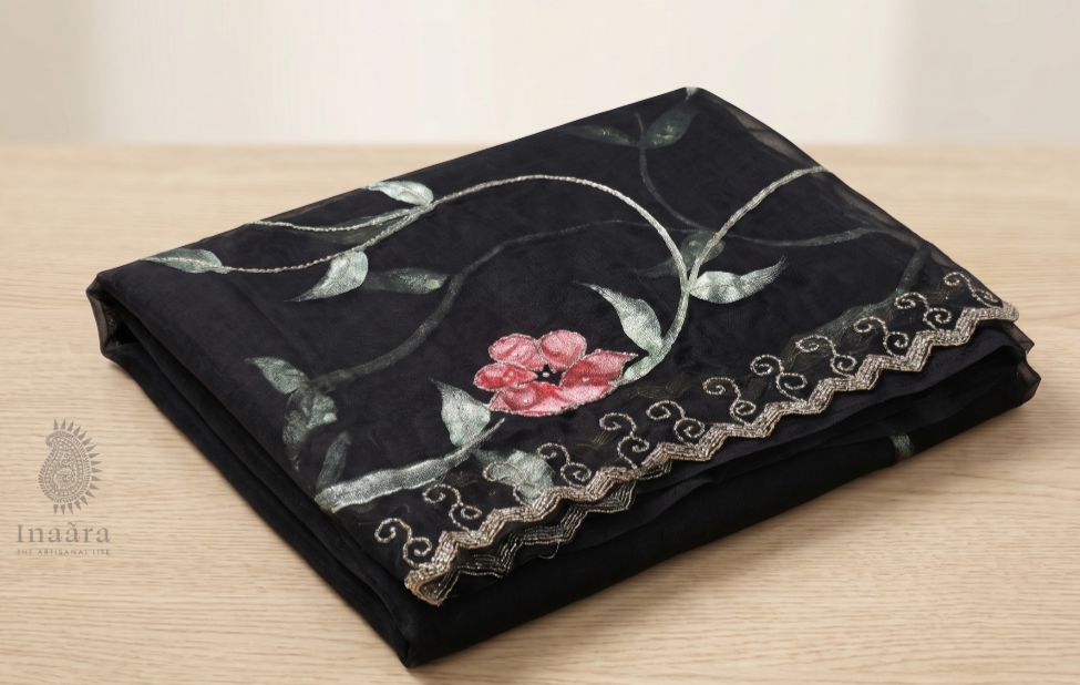 Hand Beaded Organza Saree -Black