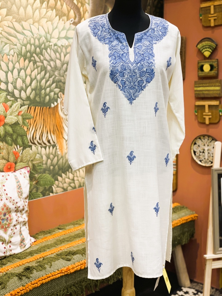 Kashmir Aari Embroidery Kurti/Long Size 42- Cream
