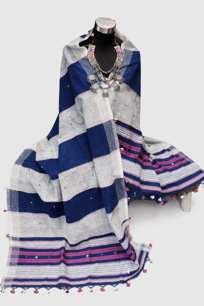 Fine Wool Bhujodi Shawl-Blue