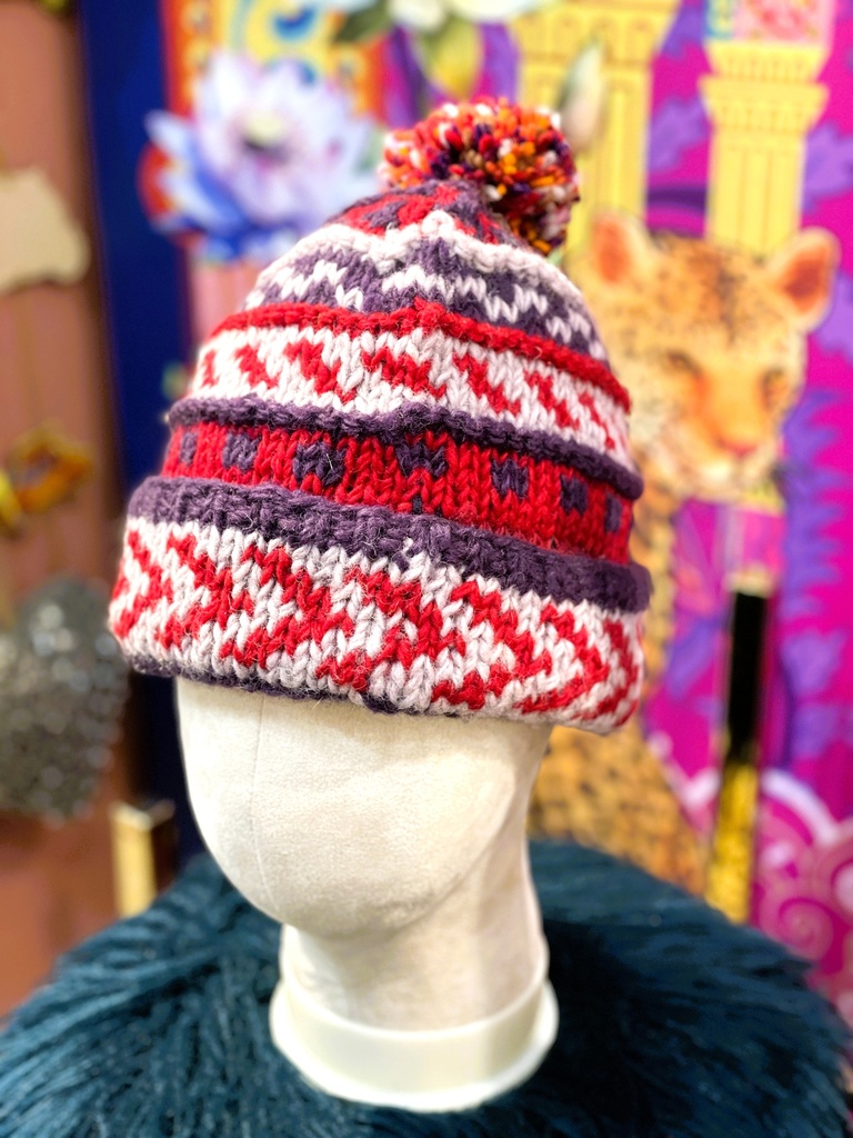 Handmade PomPom Hat Hand Knitted-Red