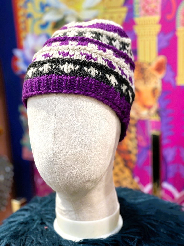 Multicolor Hand Knitted Winter Hat-Purple