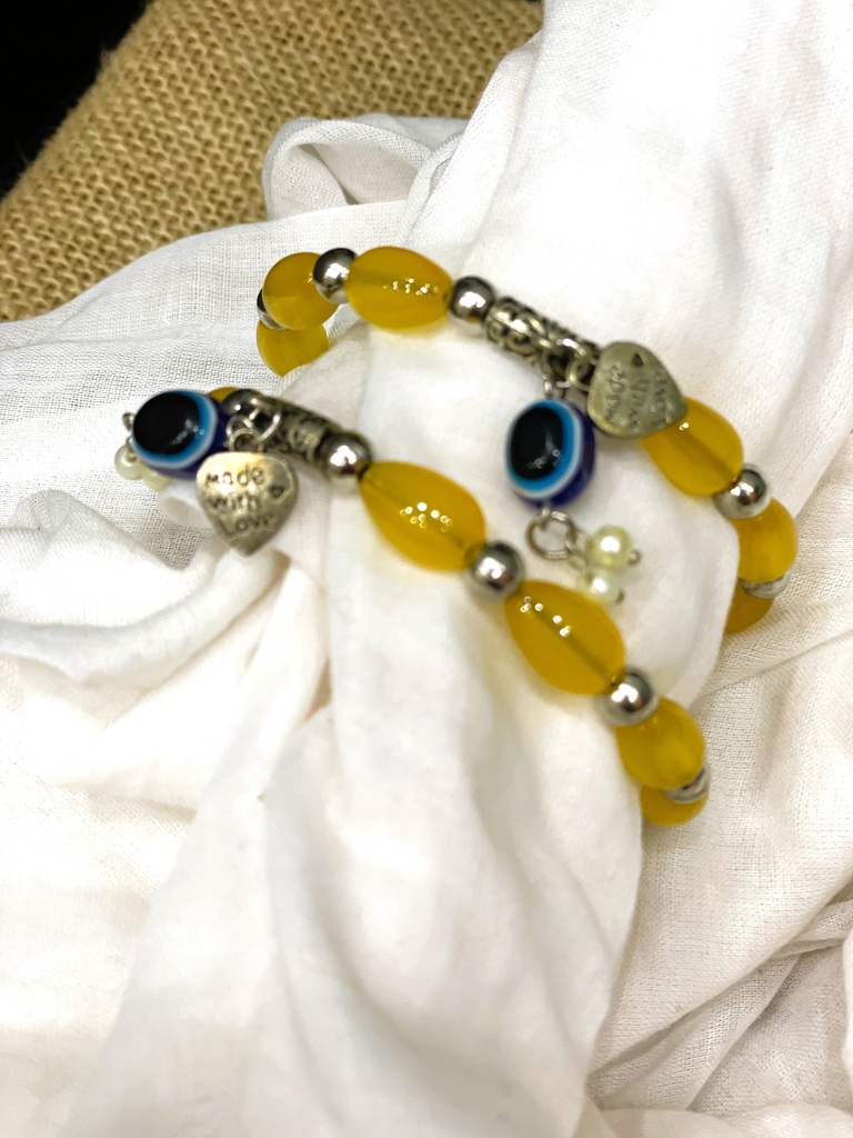Glass & Silver Beaded w/Evil Eye-Yellow