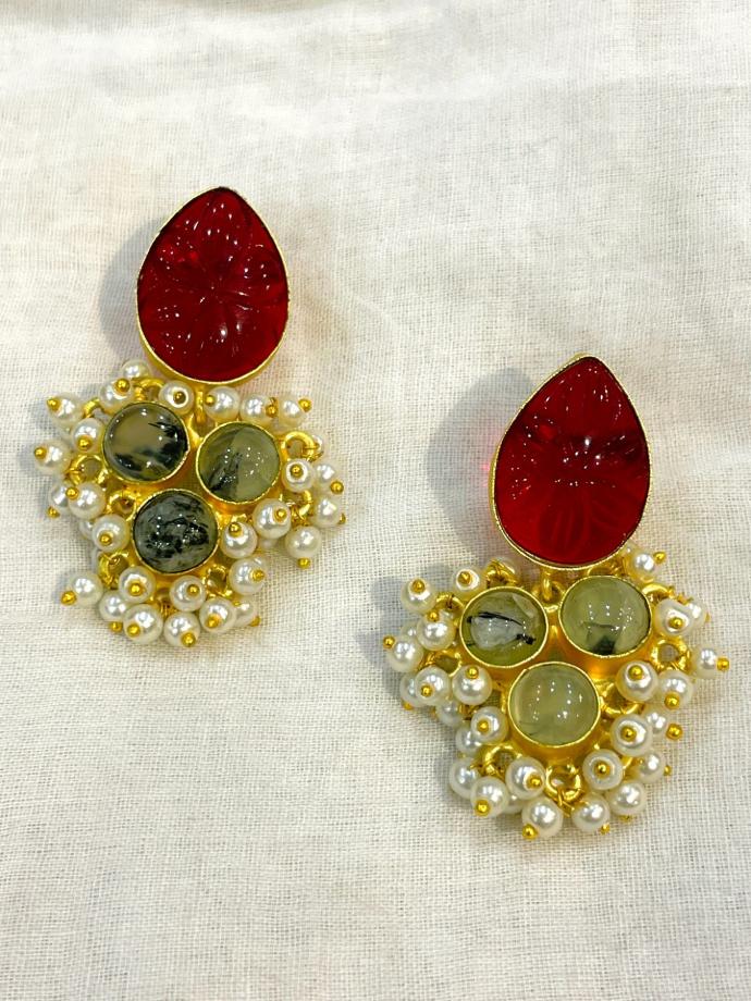 Ruby Stone with Small Pearls Earrings