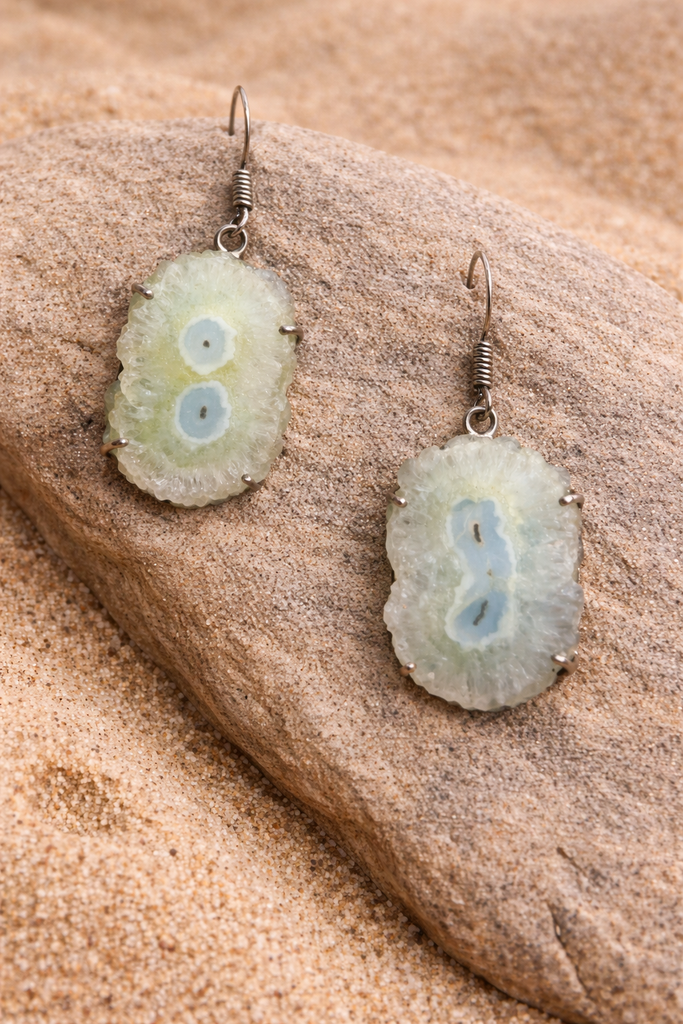 Druzy Agate Slice White Quartz Earrings