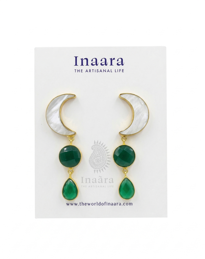 Crescent Moon Stone Earrings-Green