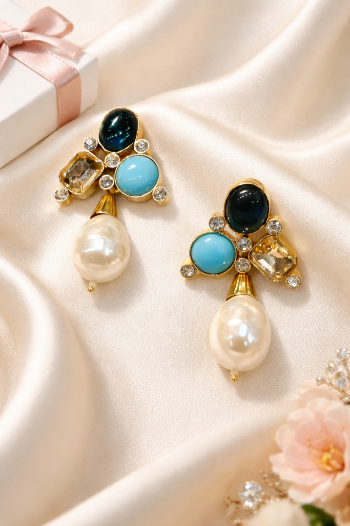 Akoya Pearl,Blue&Dark Cabochons Earrings