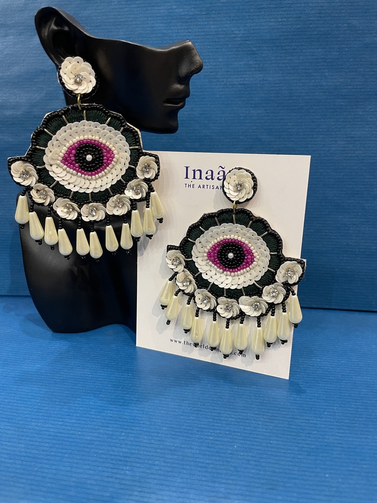 Colorful Beaded Flower Evil Eye Earring w/Pearls