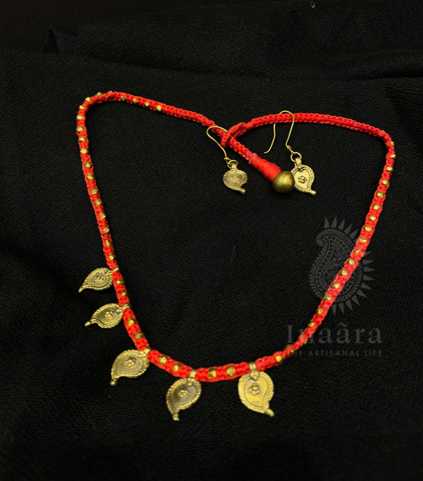 Handmade Tribal Dhokra Necklace Set- Red