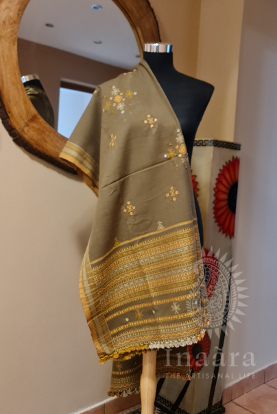 Mirror Work Bhujodi Full Shawl- Brown
