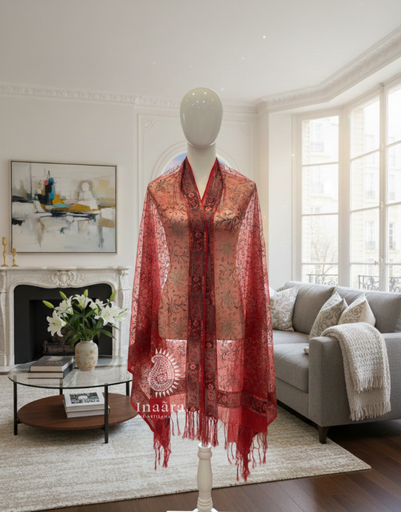 Floral Faux Organza Dupatta-Red