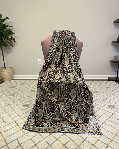 Embroidered Velvet Shawl-Black/Paisley