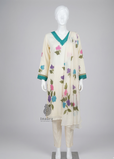 3pc Chiffon HandPainted Suit-Cream